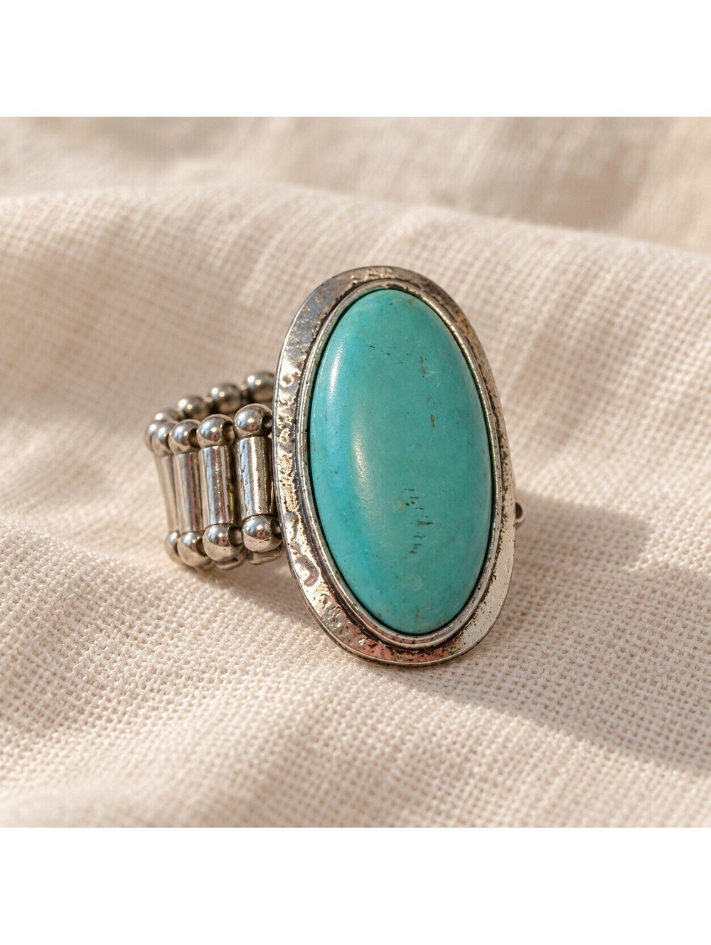 Turquoise Color Oval Statement Ring Silver Tone Stretch Band